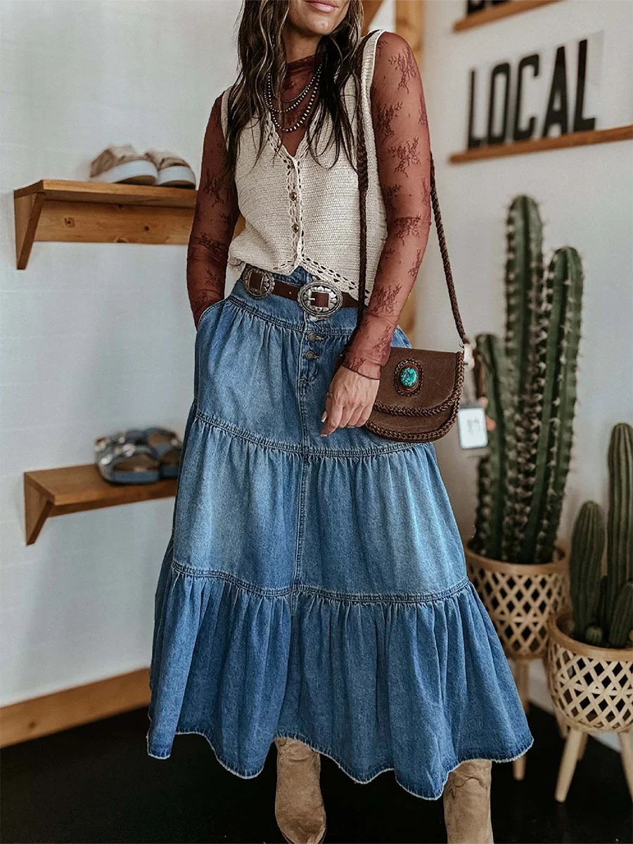 Womens A-Line Denim Long Skirts High Waist Ruffled Hem Midi Denim Skirt Stretchy Button Denim Maxi Skirt Streetwear