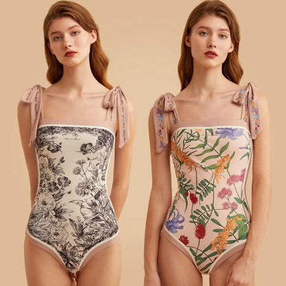 Y2K Fashion Women Floral One Piece Swimsuits Reversible Tie Shoulder Monokini Tummy Control Bathing Suits Square Neck Swimwear