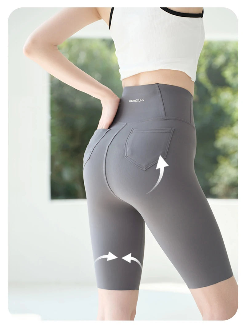 BIVIGAOS Summer New Back Pocket Sharkskin Cycling Shorts Women Cool Knee Length Short Leggings Casual Elastic Sport Biker Shorts