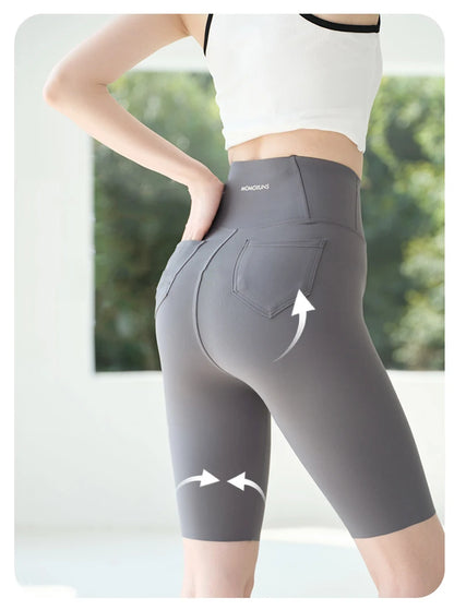 BIVIGAOS Summer New Back Pocket Sharkskin Cycling Shorts Women Cool Knee Length Short Leggings Casual Elastic Sport Biker Shorts