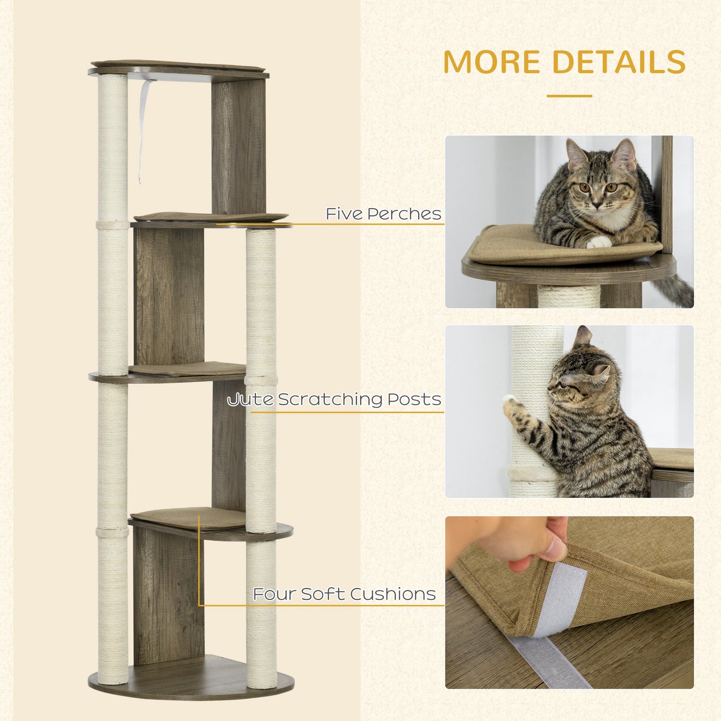 65" Corner Modern Cat Tree Tall for Climbing, Large Multilevel Cat Tower with Scratching Posts, Small-Fit Kitten Tower with Sisal, Cream White