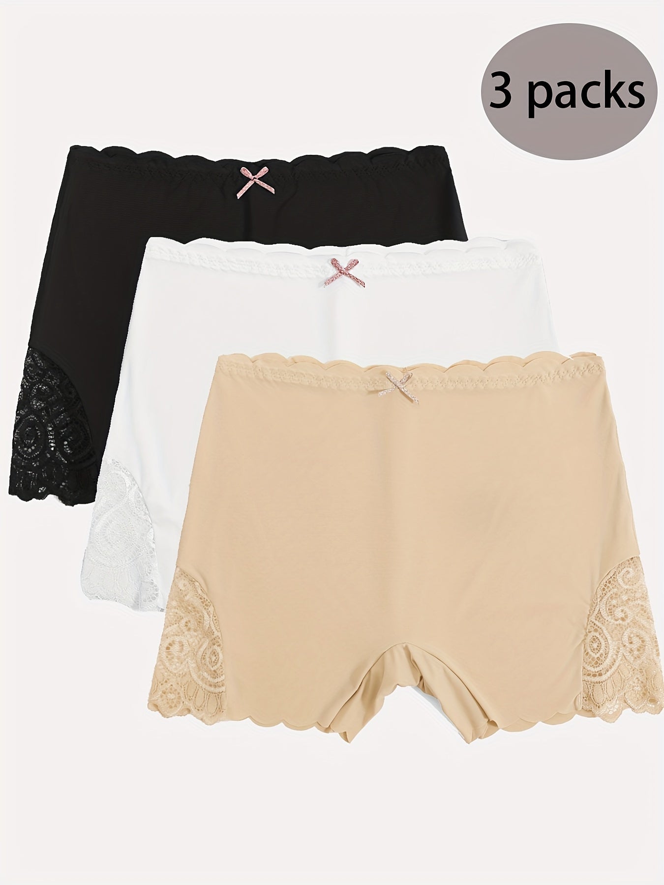 3pcs Contrast Lace Boyshort Panties, Seamless Scallop Trim Bow Tie Panties, Women's Lingerie & Underwear