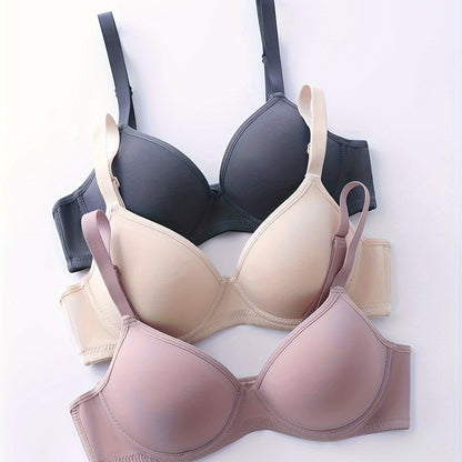 3pcs Comfy Seamless Bras, Simple Solid Push Up Everyday Bra for Women, Breathable Lingerie & Underwear