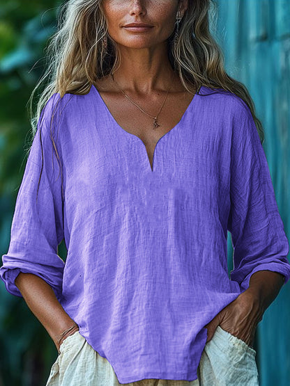 Womens Casual Loose Fashion Cotton-Linen Long-Sleeve V-Neck Solid Color Top