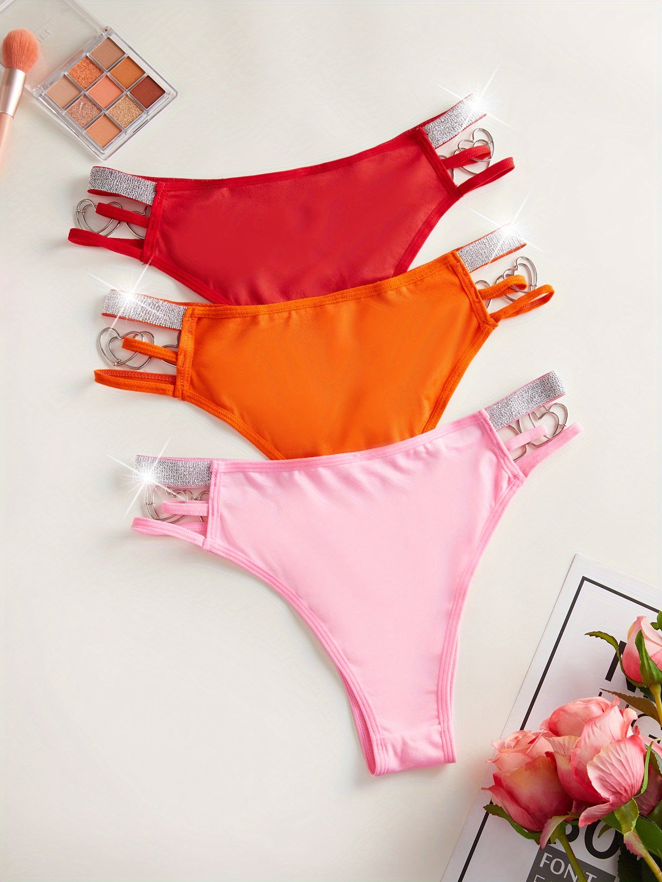 3pcs Heart Ring Linked Thongs, Hollow Out Low Waist Stretchy Panties, Women's Lingerie & Underwear