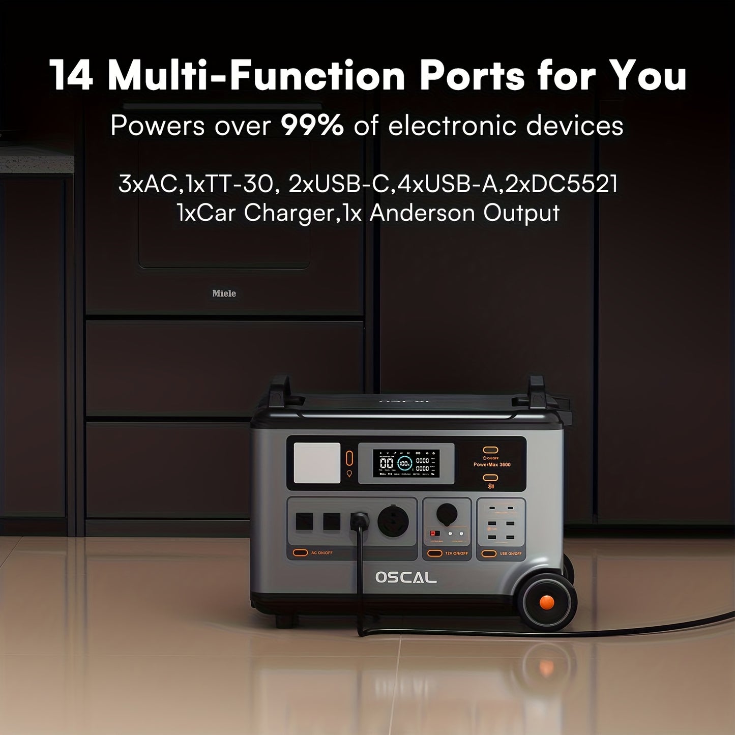 OSCAL PowerMax 3600 Solar Generator with 4x400W Solar Panels & 30W Panel - 3600Wh/3600W Power Station, 7200W Peak Output, 1.2H Backup, App Control, Portable AC Power for home, RV, Off-Grid - Heavy-Duty for home, Camping, Emer