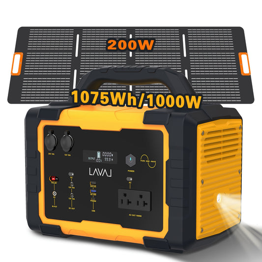 1000W (Peak 2000W)/1075Wh Portable Power Station with Foldable Solar Panel (200W), 1075Wh LiFePO4 (LFP) Battery, Fast Charging, Solar Generator Suitable for Family Emergency Outdoor Hunting Camping RV Trip