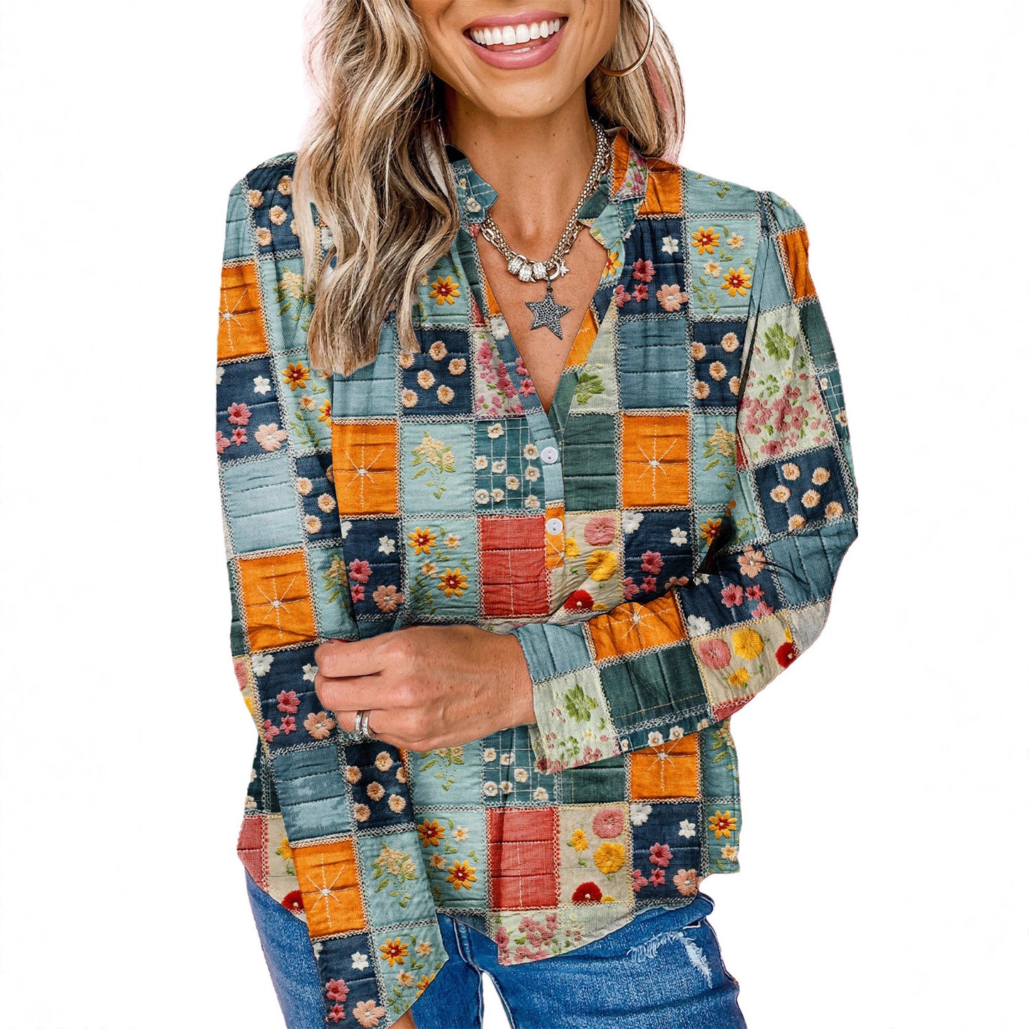Retro Printed Chiffon Blouse Womens Textured Long-Sleeve Top
