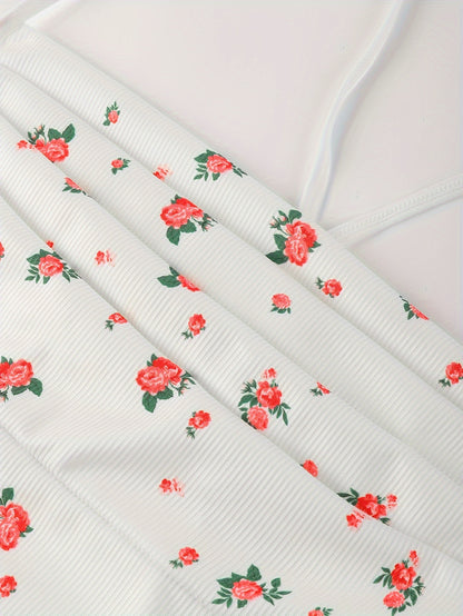 Sultry Floral Print Slip Dress, Criss Cross Back Sleeveless Babydoll, Women's Sexy Lingerie & Underwear