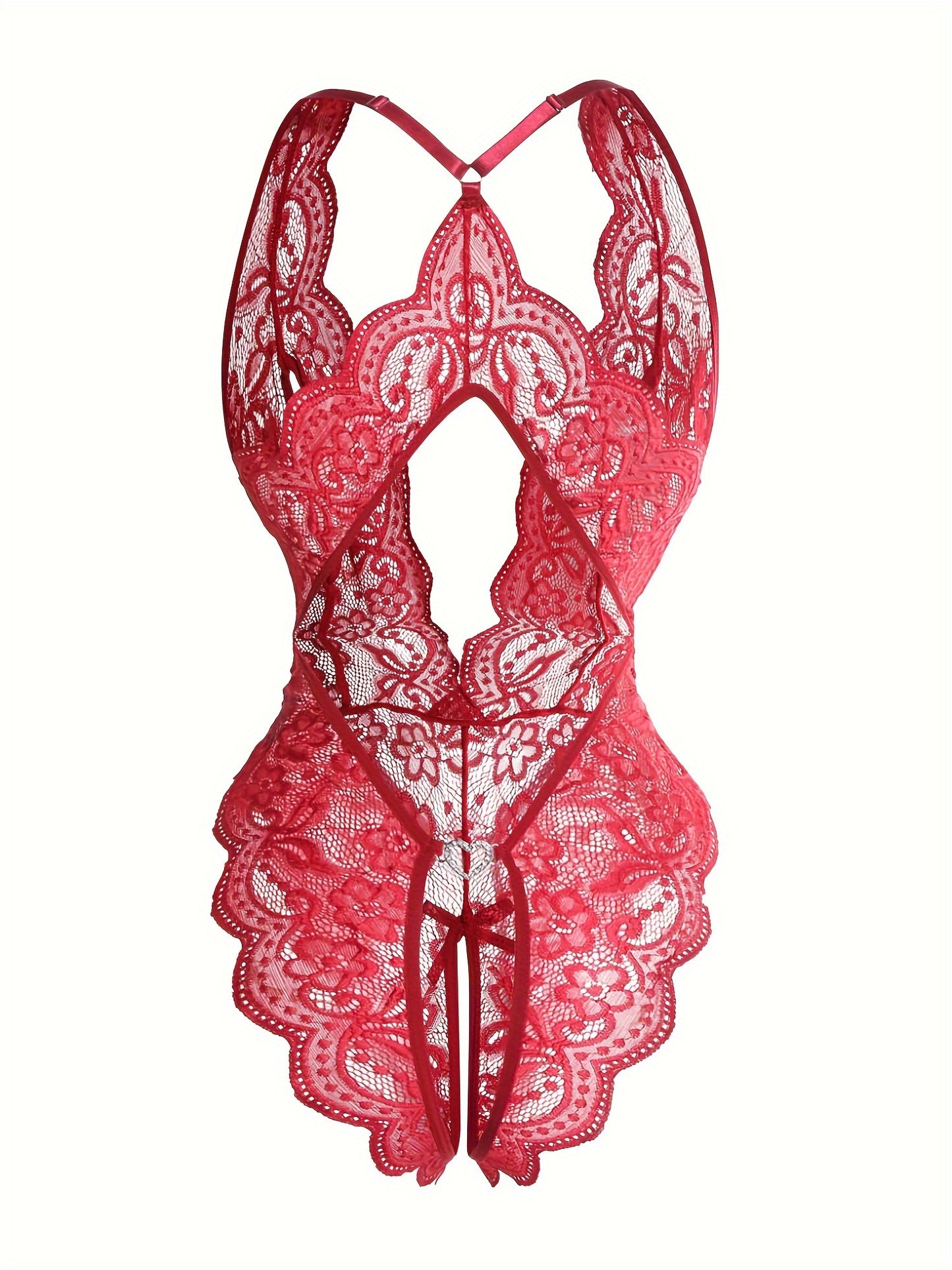 Sultry Floral Lace Bodysuit - High-Elasticity, Semi-Sheer, Scallop Trim, Backless, Open Crotch, Hand Wash Only, Sexy Womens Lingerie & Underwear for Adults - Knit Fabric, Bodystocking Stocking