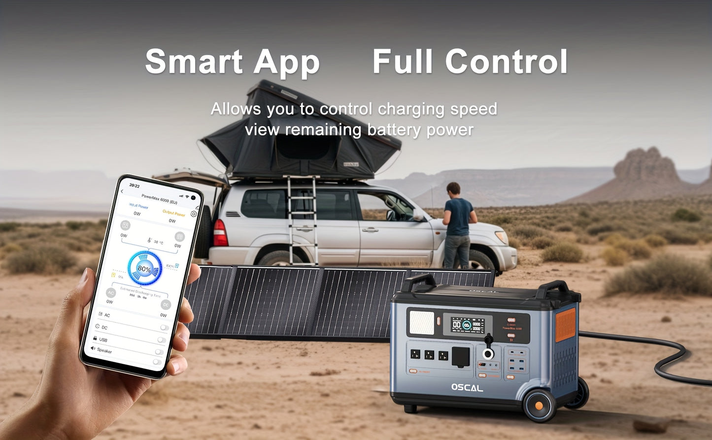 OSCAL PowerMax 6000 Solar Generator | 3600Wh/6000W Power Station with 2x500W Solar Panels, 120V/240V Split Phase Voltage AC Outlets (9000W Peak), 2400W Solar Charging, Emergency Home, Battery Backup, Plus A Bonus 30W Solar Pa