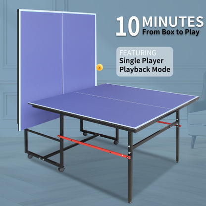 8ft Mid-Size Table Tennis Table Foldable & Portable Ping Pong Table Set For Indoor Games With Net, 2 Table Tennis Paddles And 3 Balls