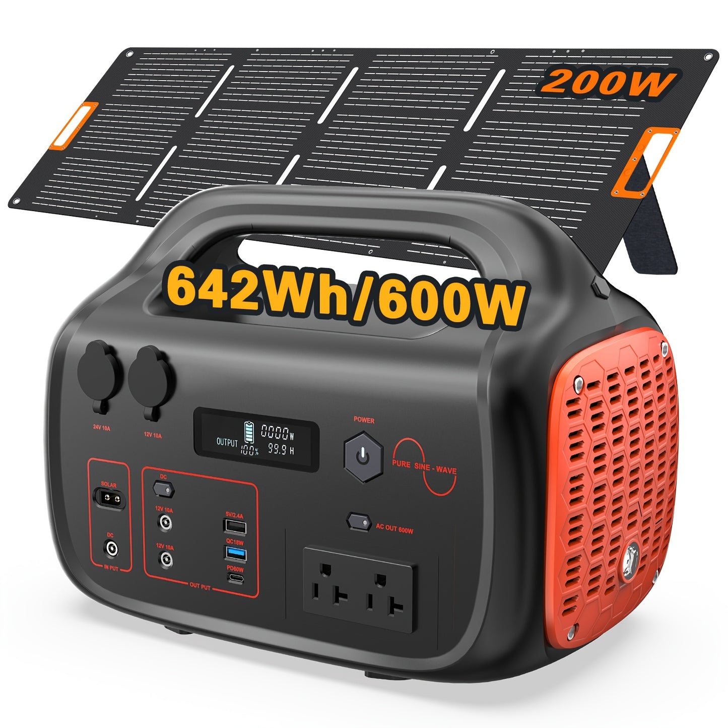 647Wh Solar Generator 600W with 200W Solar Panel - Portable Power Station, 120V Pure Sine Wave AC Outlet & 60W USB-C PD Fast, Lithium Battery Backup for Camping, RV, Home, Emergencies - Peak 1200W ()
