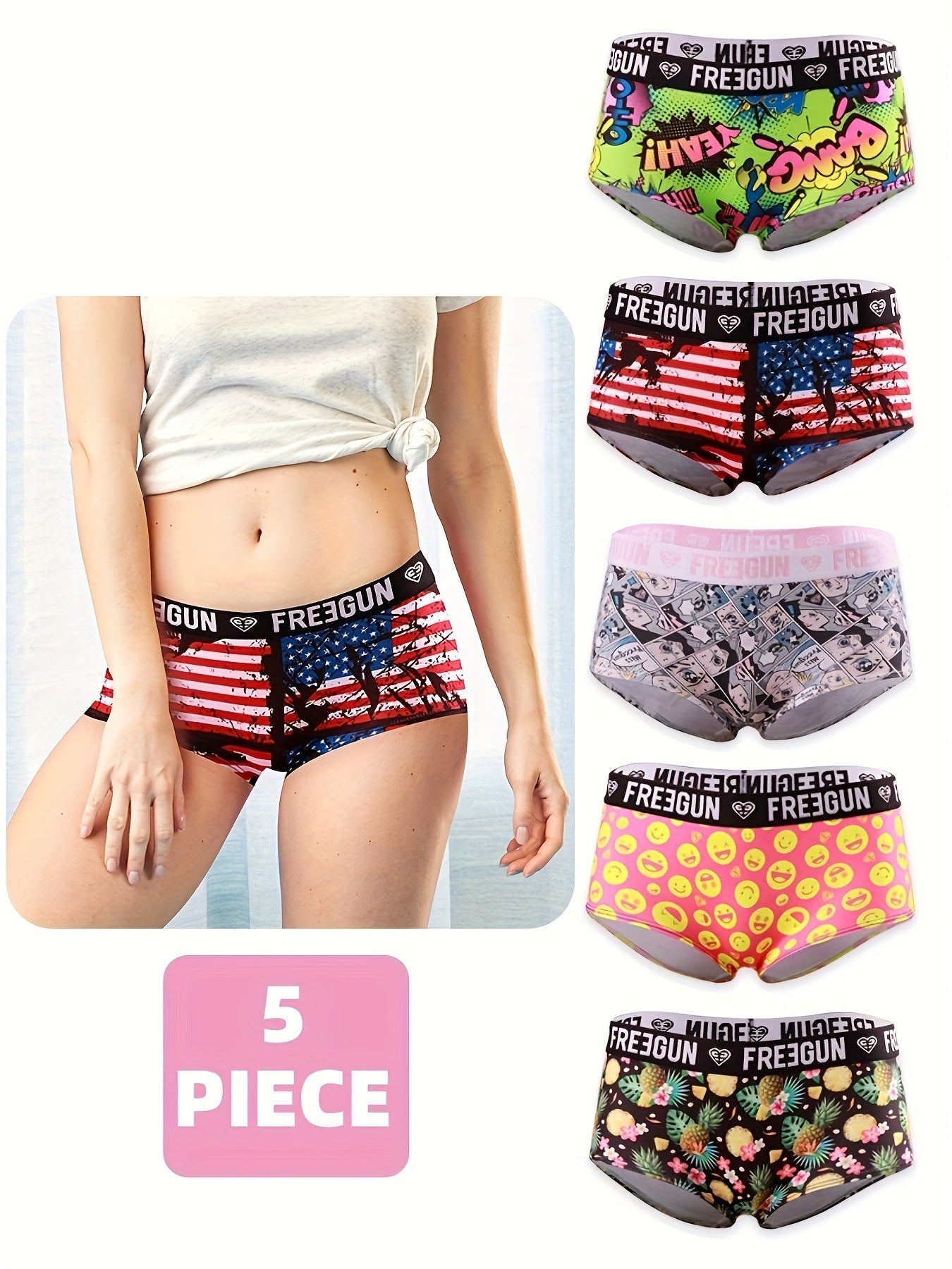 5pcs Soft & Comfortable Cartoon Print Boy Shorts - Women's Lingerie & Underwear with Cute Designs, Breathable Fabric, and Relaxing Fit for Everyday Wear