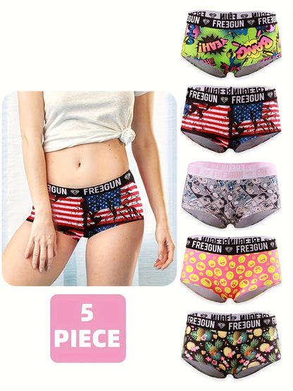 5pcs Soft & Comfortable Cartoon Print Boy Shorts - Women's Lingerie & Underwear with Cute Designs, Breathable Fabric, and Relaxing Fit for Everyday Wear