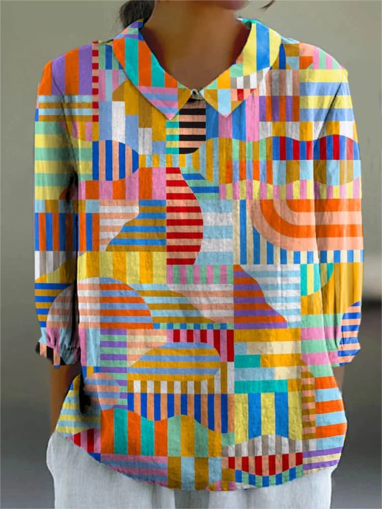 European And American Style Long-Sleeve Chinese-Style Bamboo-Stripe Linen Lapel Printed Fashionable All-Match Shirt