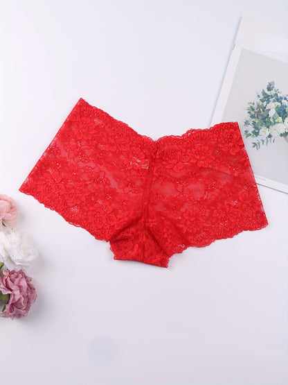 6pcs Floral Lace Boyshort Panties, Soft & Comfortable Scallop Trim Panties, Women's Lingerie & Underwear