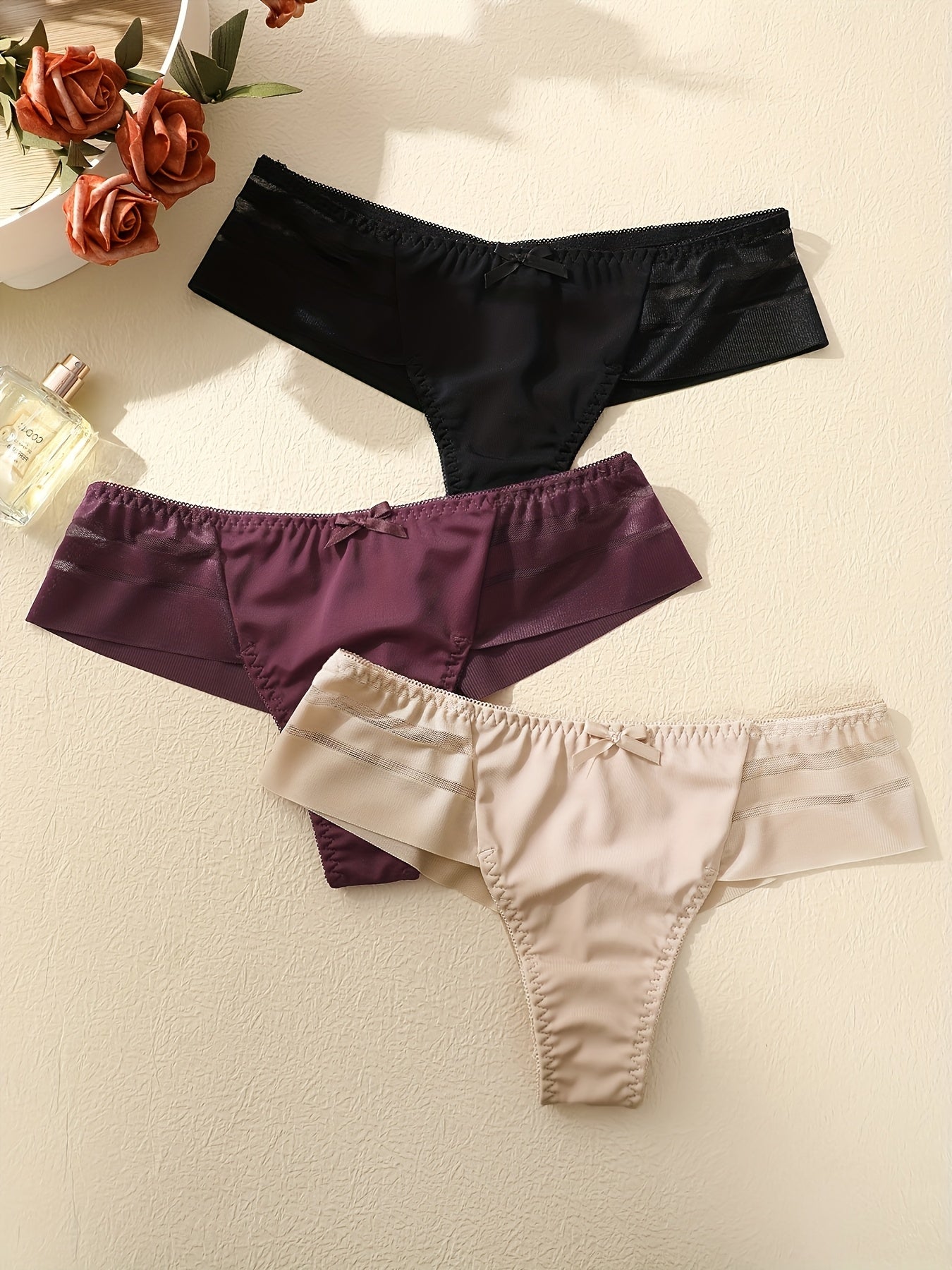 3pcs Mesh Stitching Thongs, Soft & Comfy Stretchy Intimates Panties, Women's Lingerie & Underwear