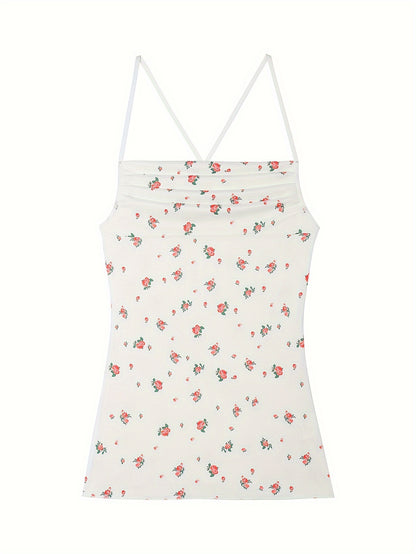 Sultry Floral Print Slip Dress, Criss Cross Back Sleeveless Babydoll, Women's Sexy Lingerie & Underwear
