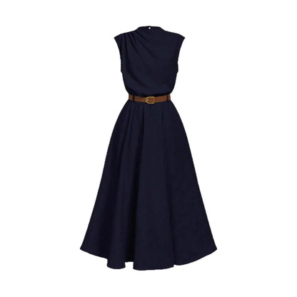 Solid-color High-neck One-sided Ruched Sleeveless Dress