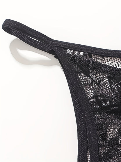 Sexy Floral Lace Thongs - Comfortable Women's Lingerie with Faux Pearl Detail, Open Crotch, and Elegant Design for a Confident You