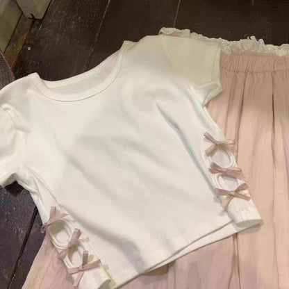 Hollow-out Bow-Knot Short-Sleeve Slim-Fit Midriff-Baring Top
