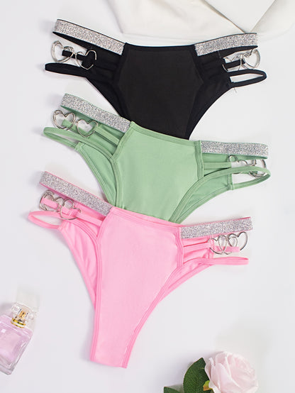 3pcs Heart Ring Linked Thongs, Hollow Out Low Waist Stretchy Panties, Women's Lingerie & Underwear