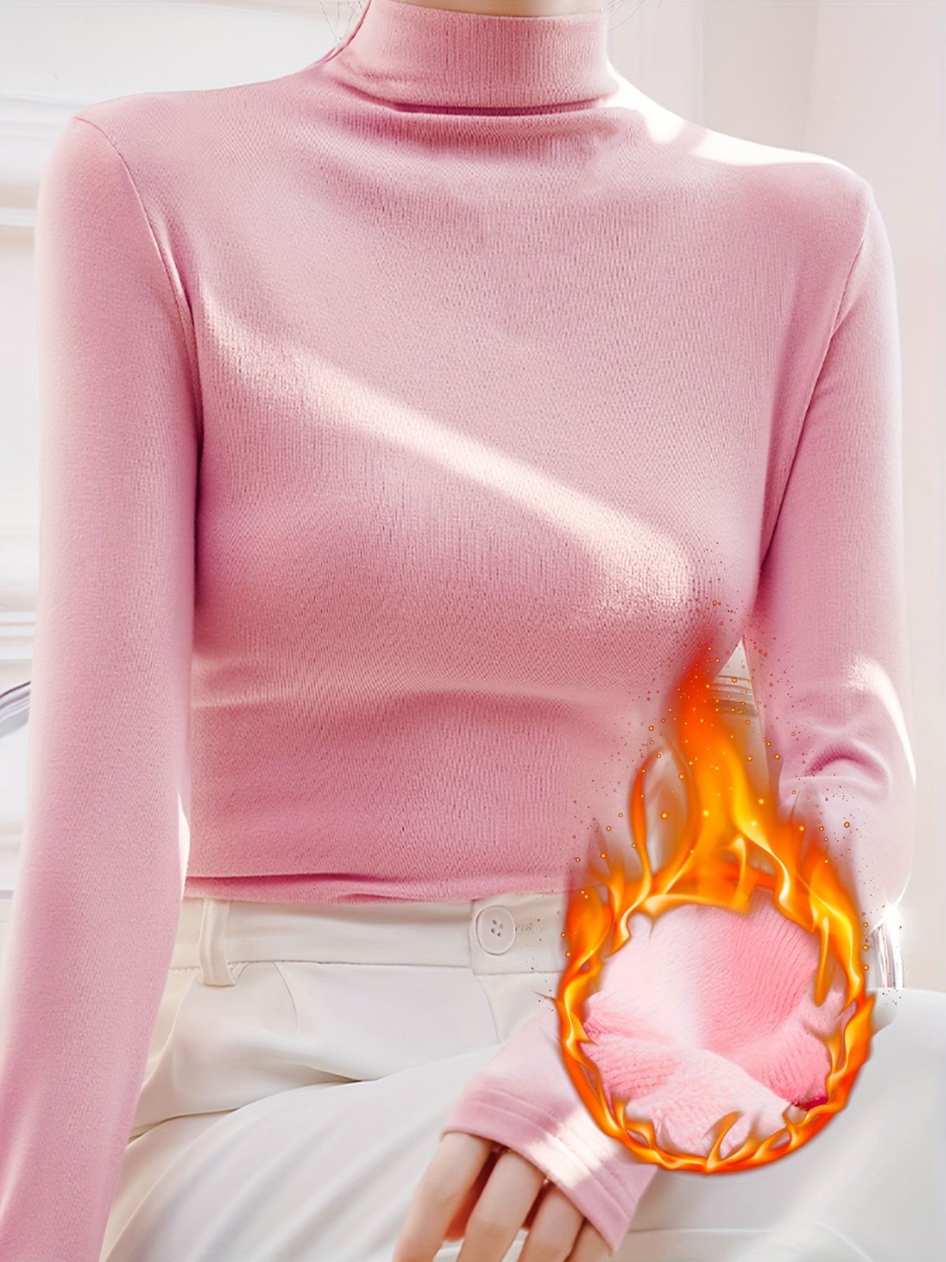 Simple Solid Thermal Underwear, Soft & Comfortable Half Turtleneck Long Sleeve Top, Women's Lingerie & Sleepwear