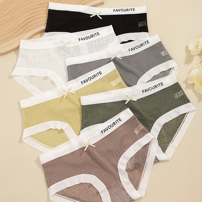 6pcs Letter Print Mesh Briefs, Comfy & Breathable Bow Tie Intimates Panties, Women's Lingerie & Underwear