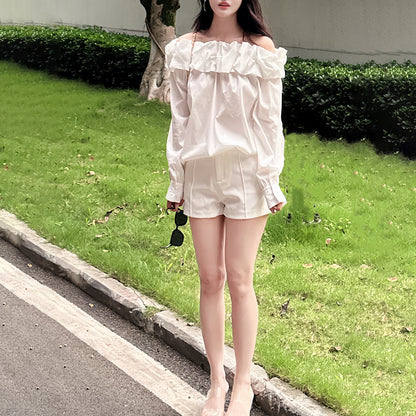 White Bud-collared Off-shoulder Blouse Top