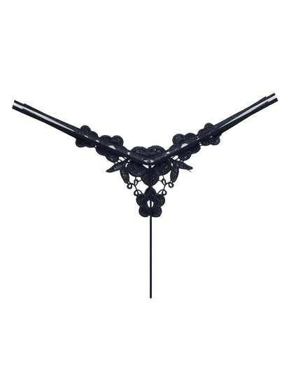 Floral Embroidery Thong, Hollow Out Faux Pearl Panties, Women's Sexy Lingerie & Underwear