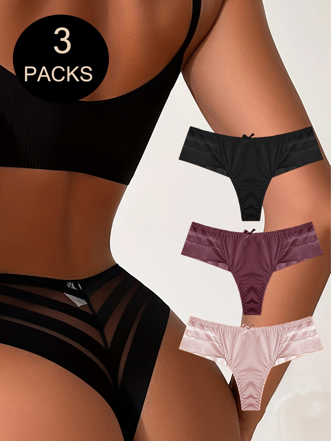 3pcs Mesh Stitching Thongs, Soft & Comfy Stretchy Intimates Panties, Women's Lingerie & Underwear
