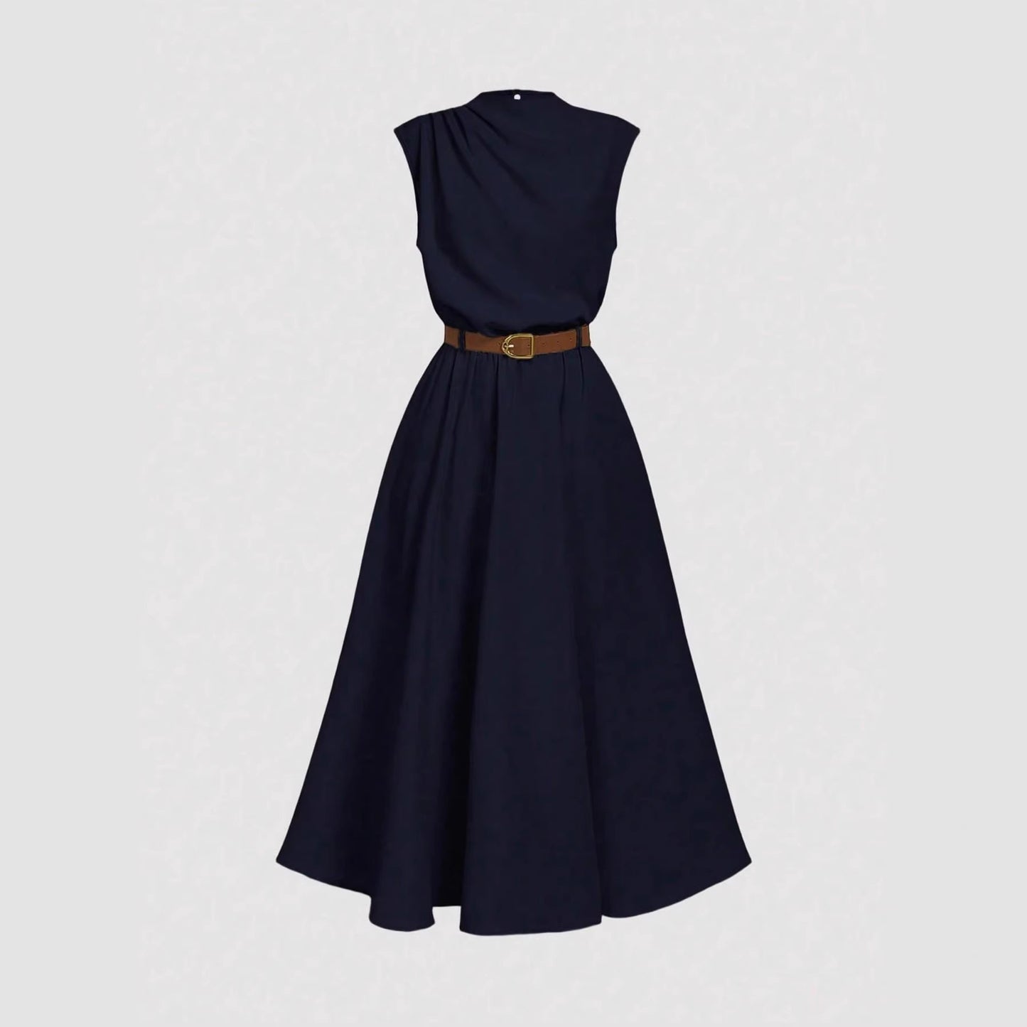 Solid-color High-neck One-sided Ruched Sleeveless Dress