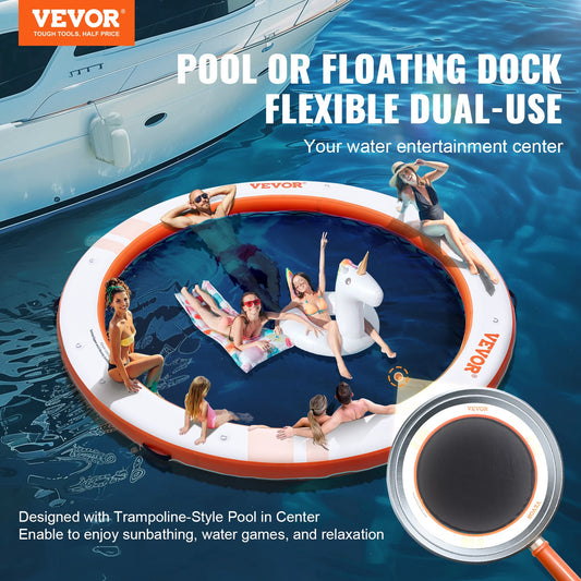 Inflatable Floating Dock, Ø8FT Inflatable Dock Platform With Ø5FT Trampoline Mesh Pool, Non-Slip Floating Platform Water Mat With Portable Bag & Detachable Ladder For Pool Beach Relaxation