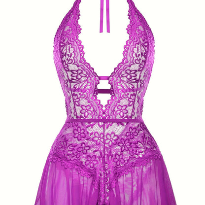 Sultry Floral Lace Teddy Bodysuit - Teddies with Halter Strappy Backless Open Crotch Design, Sexy Women's Lingerie & Underwear for Romantic Nights Out