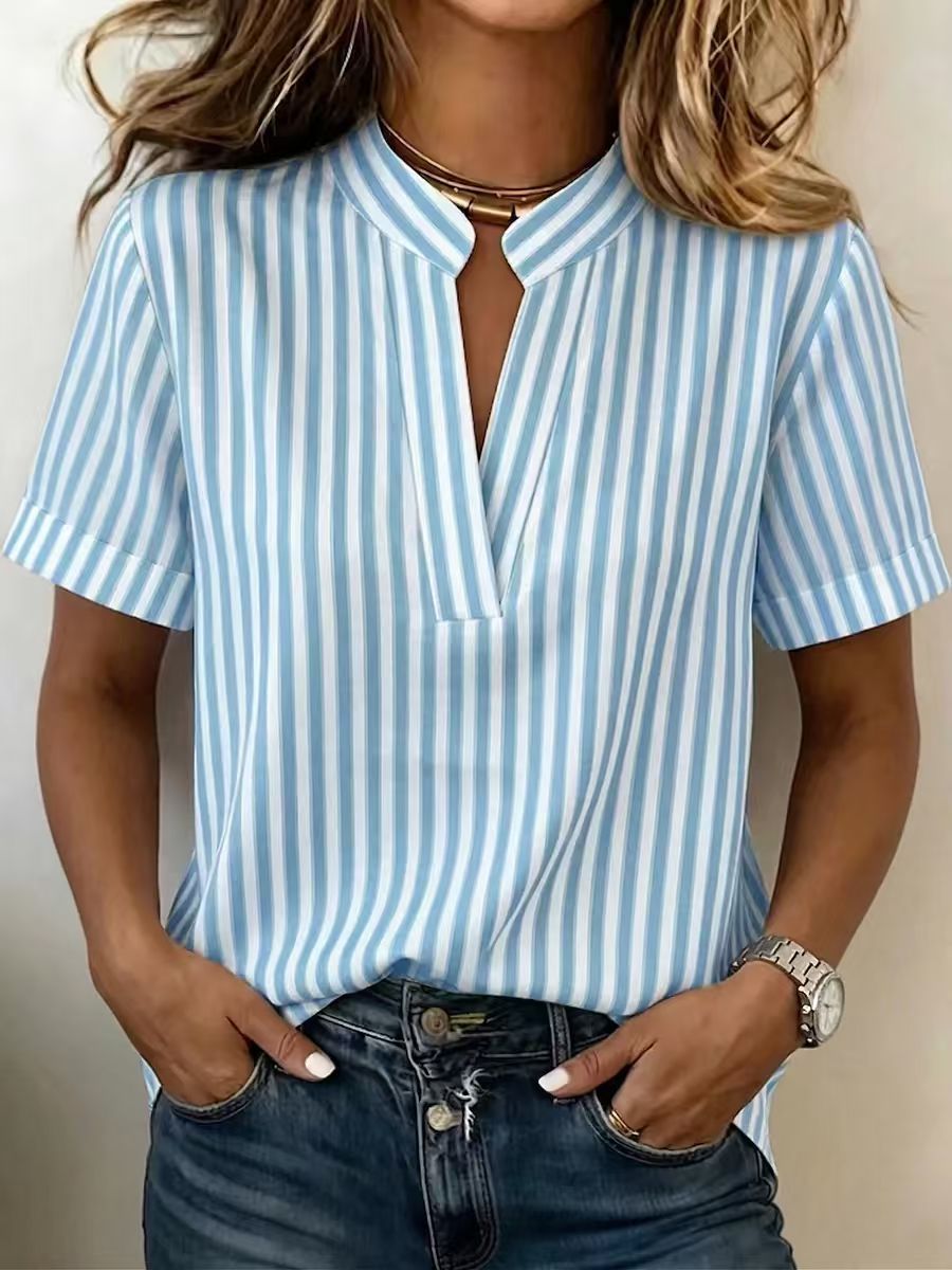 Simple And Elegant Womens Striped Short-Sleeve Fashionable Shirt