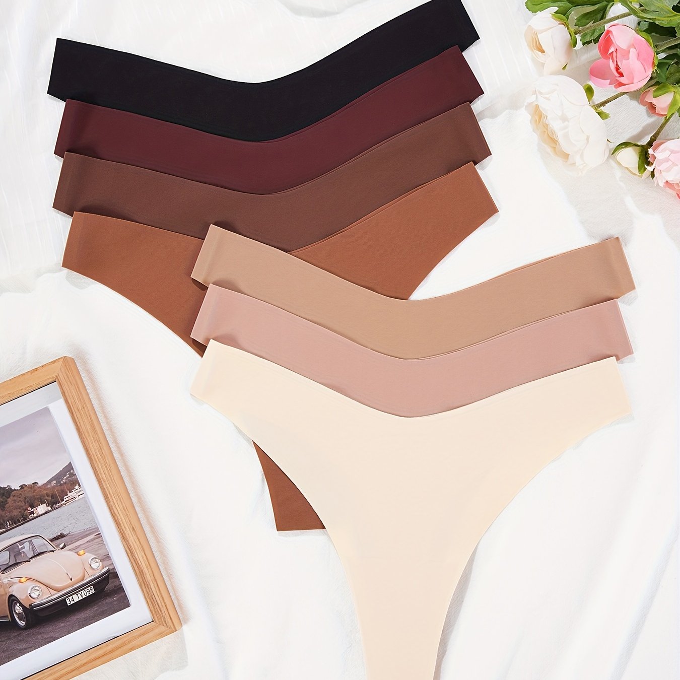 7pcs Seamless Solid Thongs, Soft & Comfy Stretchy Intimates Panties, Women's Lingerie & Underwear