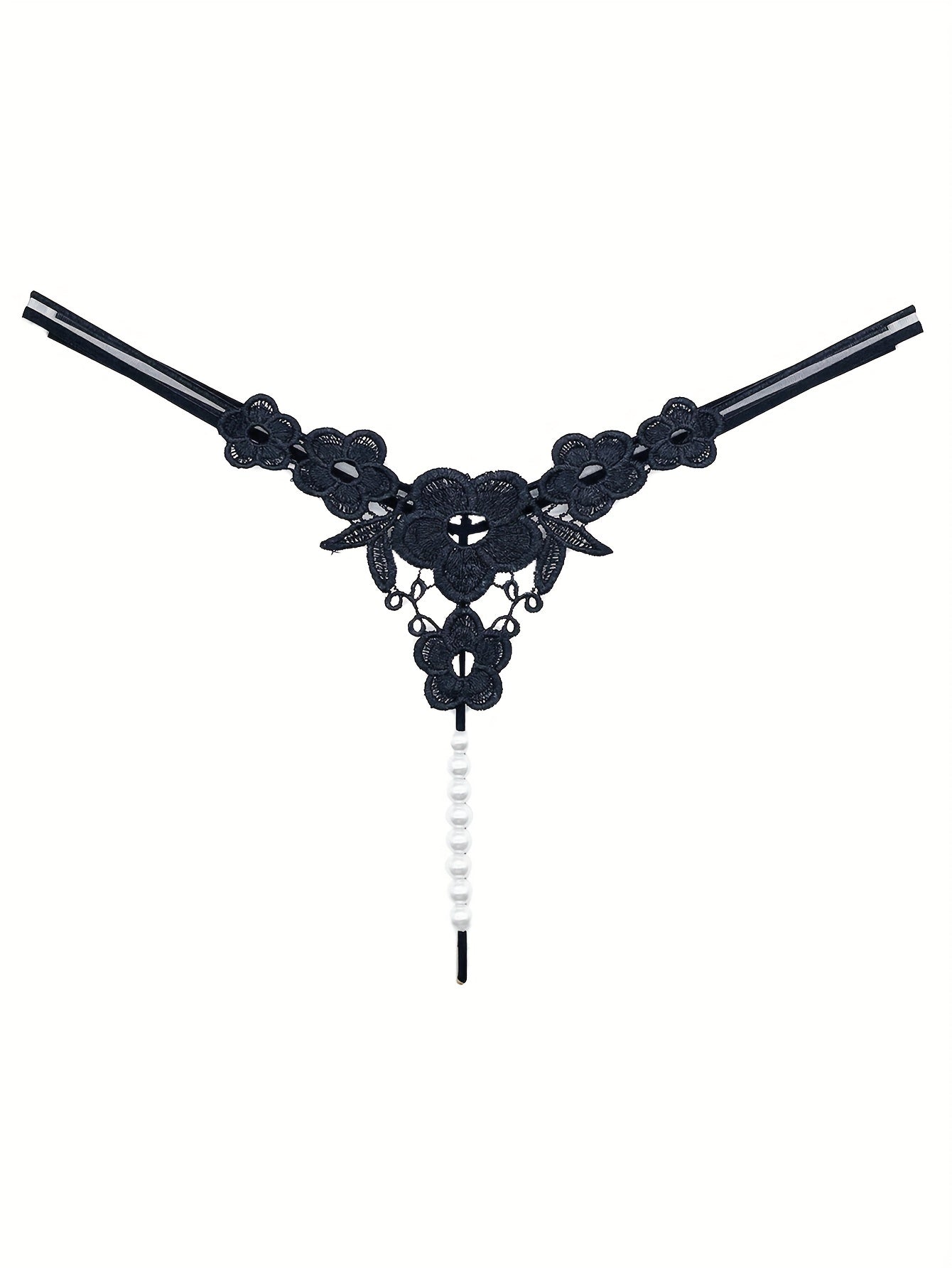 Floral Embroidery Thong, Hollow Out Faux Pearl Panties, Women's Sexy Lingerie & Underwear