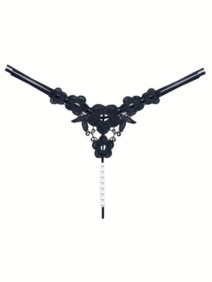 Floral Embroidery Thong, Hollow Out Faux Pearl Panties, Women's Sexy Lingerie & Underwear