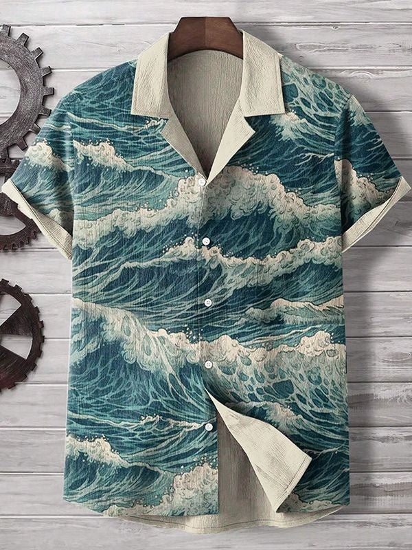 Comfortable Four-Way Stretch Wave-Print Short-Sleeve Cuban-Neck Shirt
