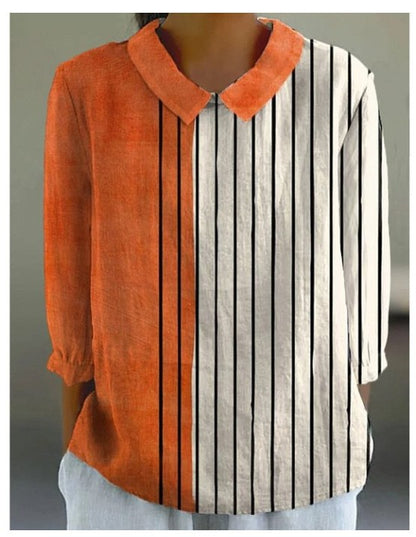 European And American Style Long-Sleeve Chinese-Style Bamboo-Stripe Linen Lapel Printed Fashionable All-Match Shirt
