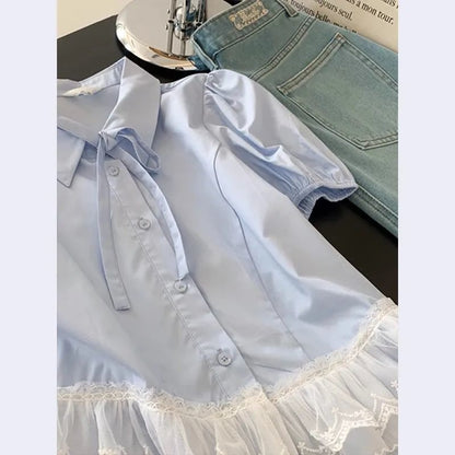 Light Luxury Youth-Enhancing Blue Lace Hem Short-Sleeve Shirt