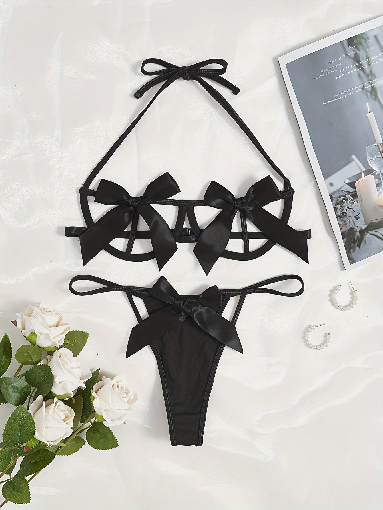 Seductive Lingerie Set - Alluring Halter Neck Strappy Bra with Adjustable Straps, Sultry Cut Out Thong with Revealing Design - Designed for Women, Exuding Sensuality and Confidence, Luxurious Lingerie for Intimate Moments, Co