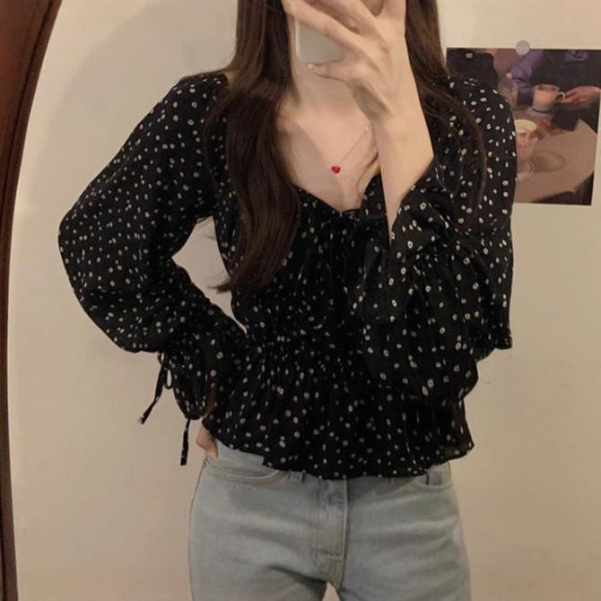 French-style Off-shoulder Square-neck Puffed-sleeve Black Floral Chiffon Blouse