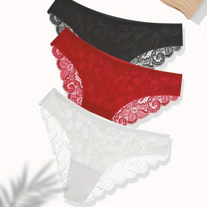 3Pcs Women's Sexy Lace Briefs Seamless Comfortable Panties Low-waist Underwear Ladies Intimate Plus Size Lingerie Exquisite Floral Set Bikini Briefs.