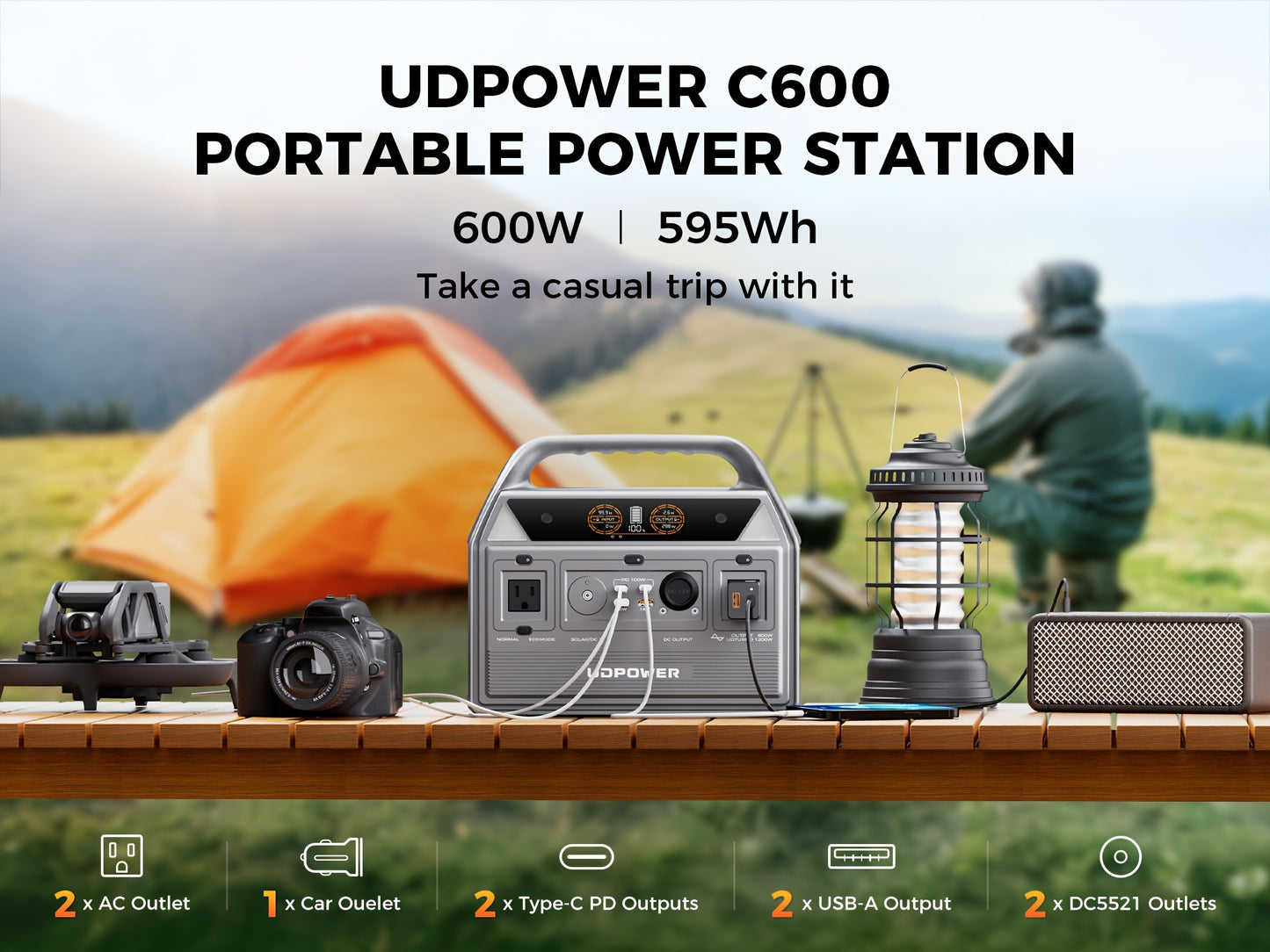 [Portable Power Station] Portable Power Station, 595Wh 600W(Surge 1200W) AC Output, LiFePO4(LFP) Battery, Solar Generator for Outdoor/Camping/Travel/RV, Emergency Power Backup(Grey)