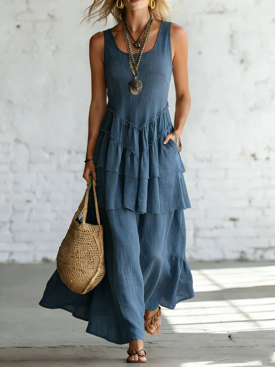 Cotton-linen Loose-fit Maxi Dress With A Sleeveless Design