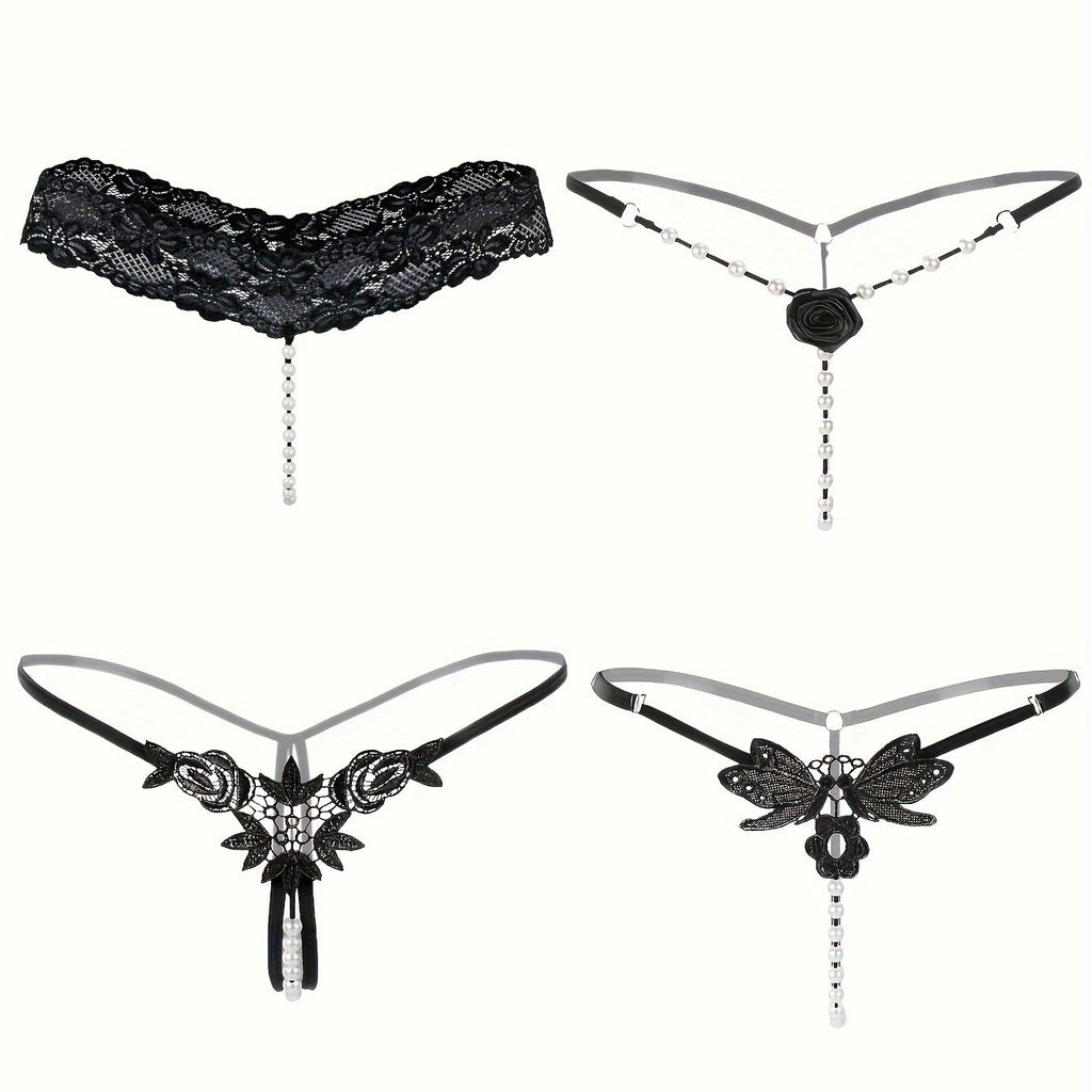 4 Pcs Seductive Lace Thongs - Sultry Low-Rise, Daring Open Crotch, Ultra-Sheer G-String with Delicate Pendant Pearl Accent - Designed for Women, Exquisite Sexy Lingerie and Intimate Underwear