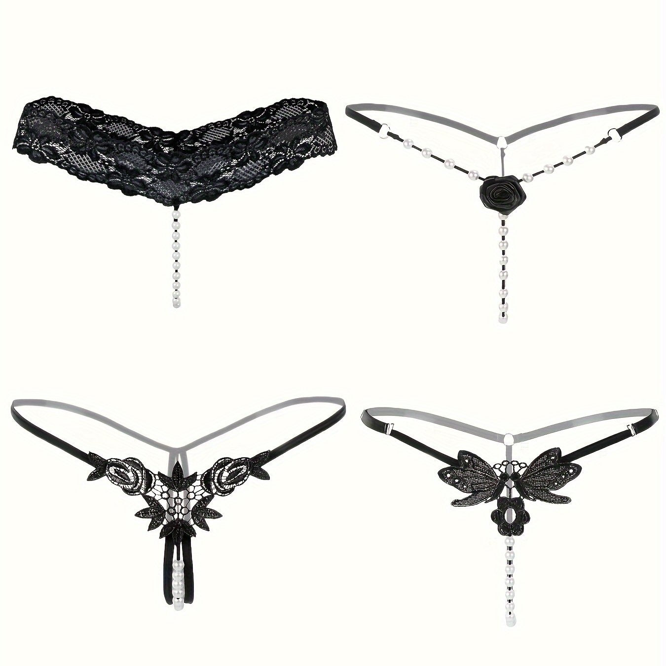 4 Pcs Seductive Lace Thongs - Sultry Low-Rise, Daring Open Crotch, Ultra-Sheer G-String with Delicate Pendant Pearl Accent - Designed for Women, Exquisite Sexy Lingerie and Intimate Underwear
