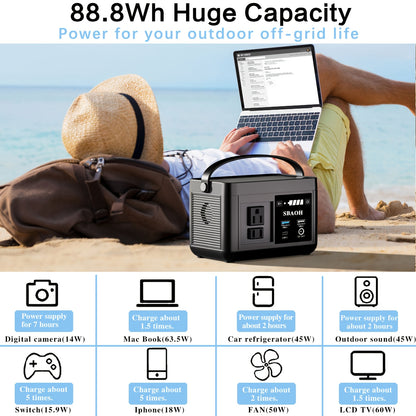 Portable Power Station 88.8WH, Solar Generator Lithium Battery Power 110V AC USB-C Power Delivery Solar Generators For Camping, Road Trips, Emergency Power